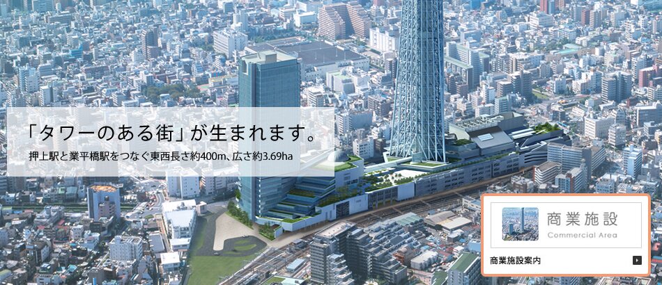 「タワーのある街」が生まれます。押上駅と業平橋駅をつなぐ東西長さ約400m、広さ約3.69ha